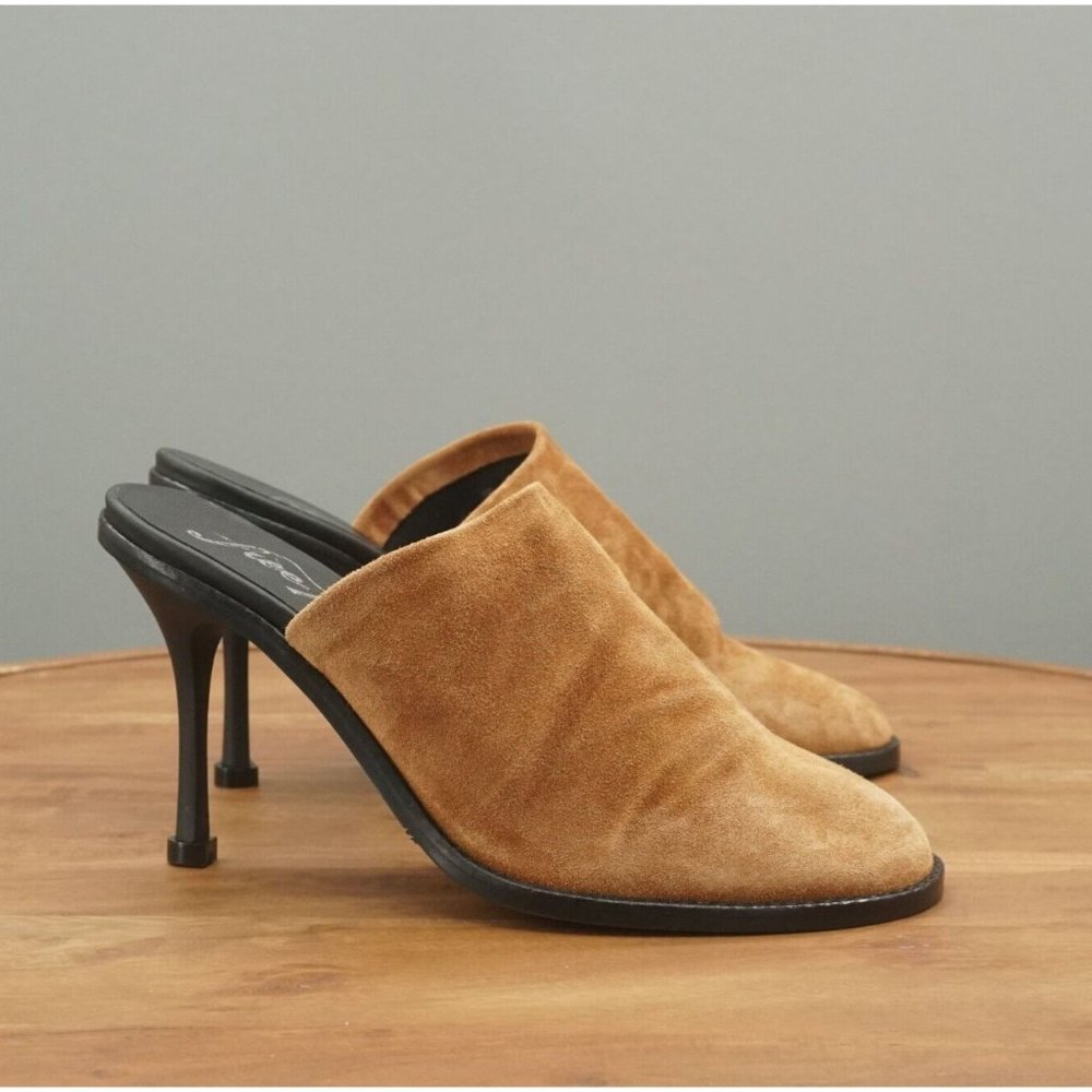 Free People Womens Leila Heeled Mule Shoes Size 38 / 8 Tan Suede Closed Toe